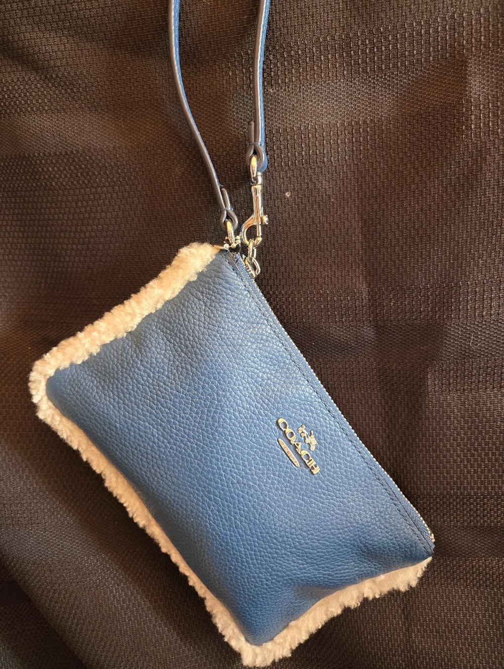 Coach Blue Leather Wristlet with Cream Shearling Trim EUC